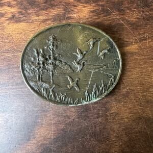 Solid Brass Men's Belt Buckle Geese Ducks Flying Over Lake In Wood # 985 Vintage